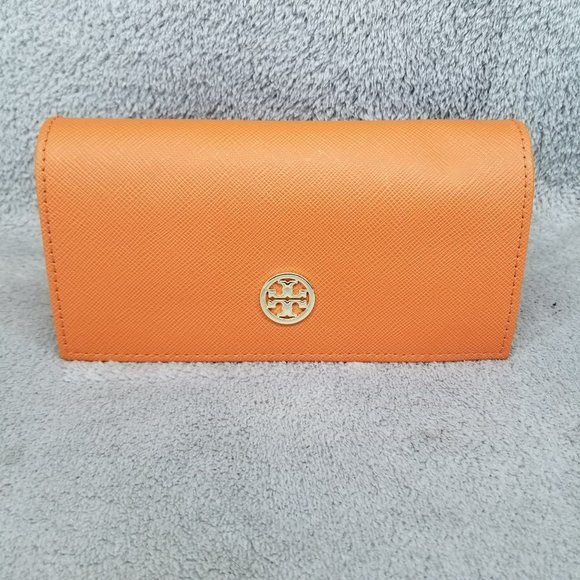 Tory Burch Triangle Eyeglass Case Orange Faux Leather With Cleaning Cloth - Picture 1 of 13
